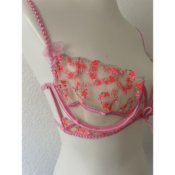 For Love & Lemons Bra Lingerie Floral Bouquet Plunge Sheer Pink - Picture 3 of 12